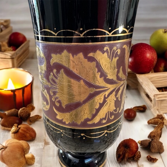 Antique Black purple art glass chalice 14k gold handpainted gold foil Persian - Picture 3 of 9